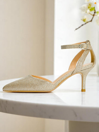 Gold Ankle Strap Glitter Women's Heels