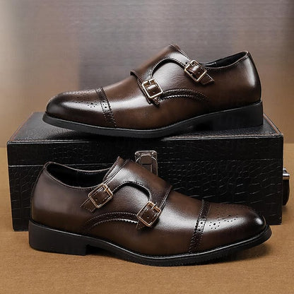 Men's Monk with Strap Brown Double Shoes Faux Leather