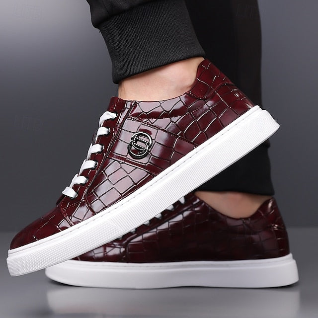 Men's Burgundy Crocodile Pattern Faux Leather Sneakers with