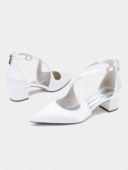 Toe Pointed Block Elegant - Satin Women's Heels Ivory