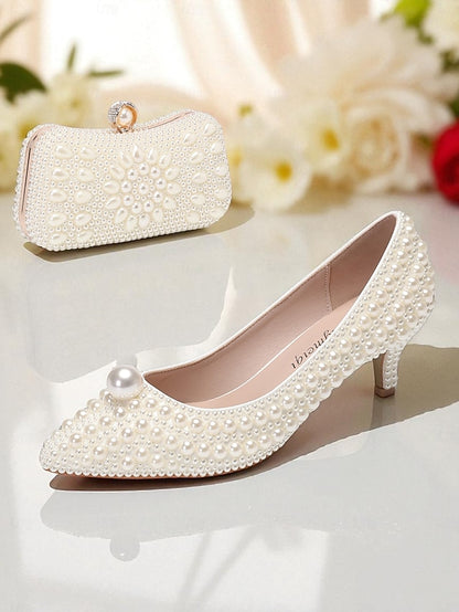 Women's Pumps Kitten and Heel Pearl-Embellished Matching