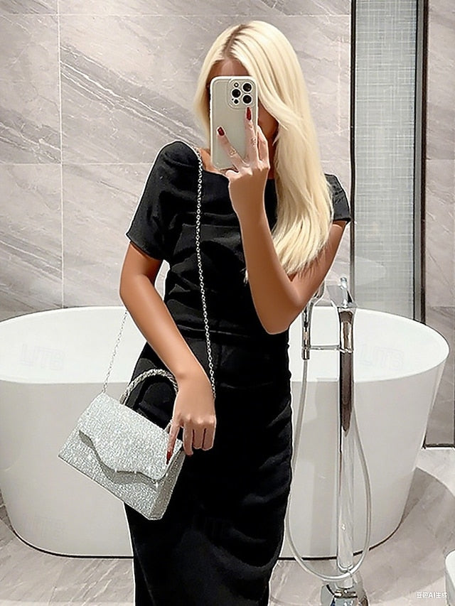 Glitter Silver Women's – Rhinestone Handbag with Handle