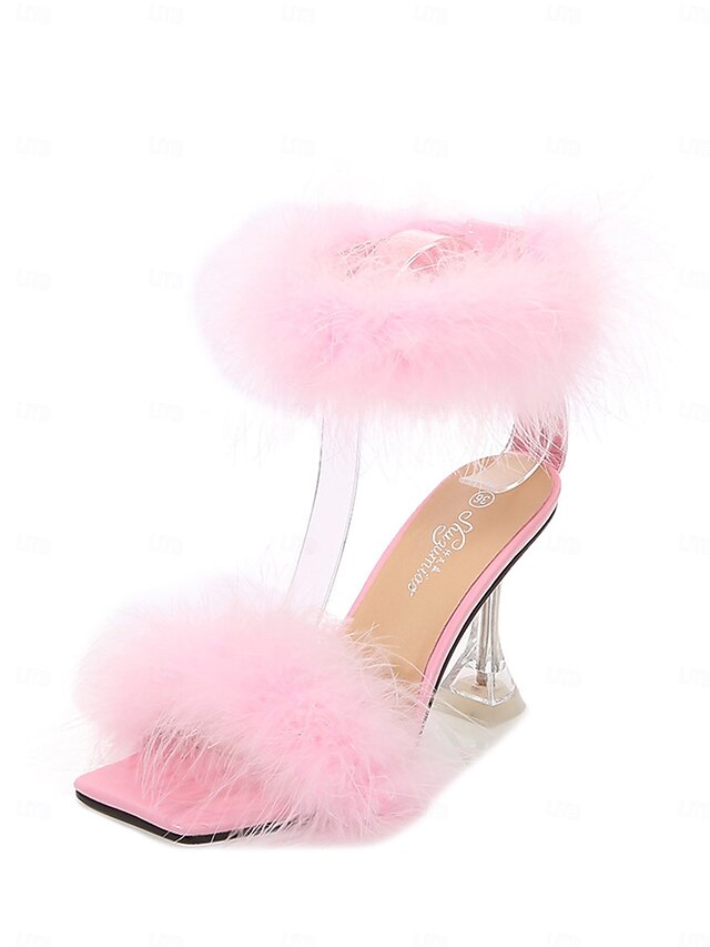 Feather-Embellished Heel with Sandals Turquoise Clear High