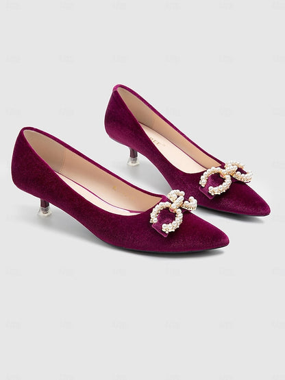 - Pumps Burgundy Kitten Pearl with Heel Bow Women's Velvet