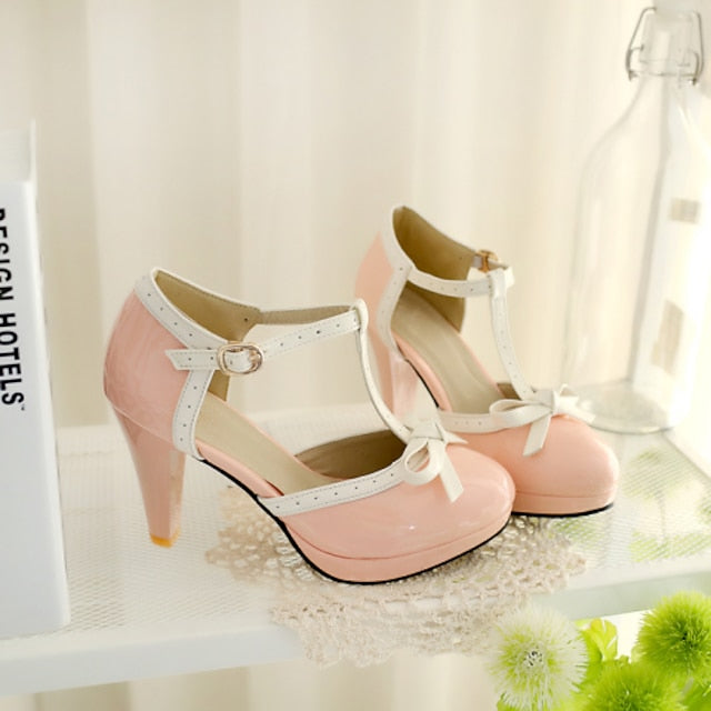 Black T-Strap Patent High Leather White with Women's Heels