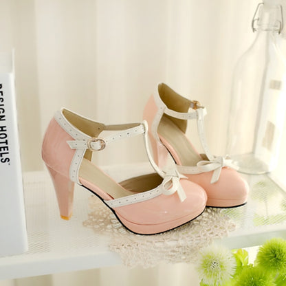 Black T-Strap Patent High Leather White with Women's Heels