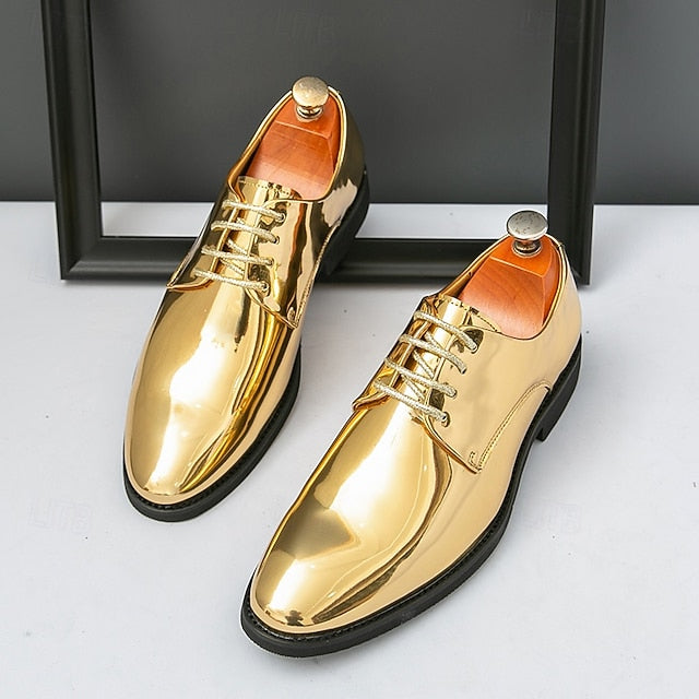 for – Patent Gold Shiny Shoes Leather Men Sleek Lace-Up