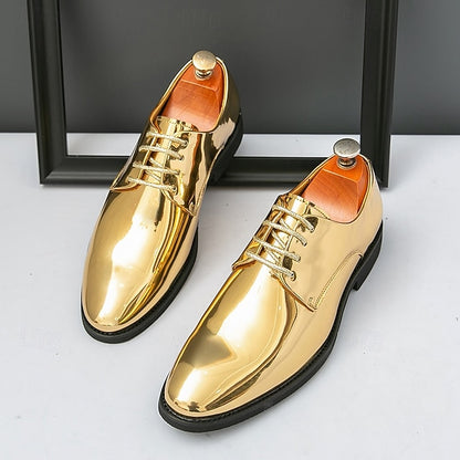 for – Patent Gold Shiny Shoes Leather Men Sleek Lace-Up