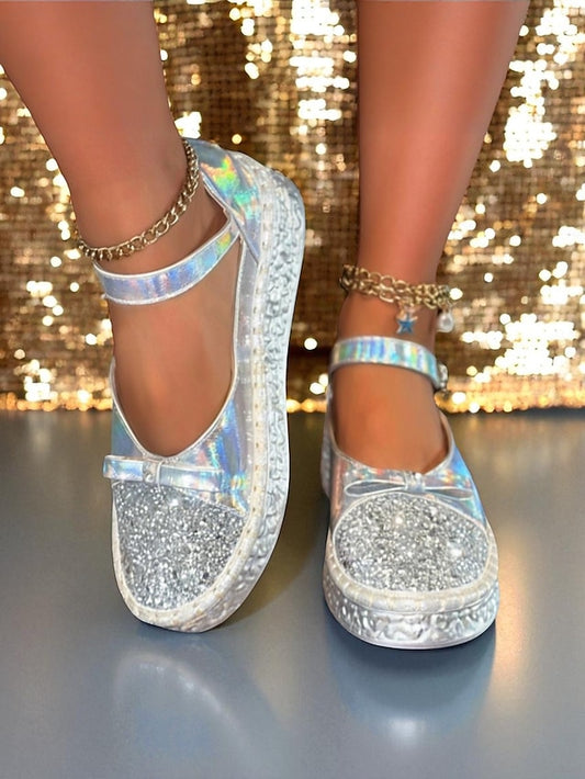Women's Shoes Holographic Mary Glitter Jane Platform