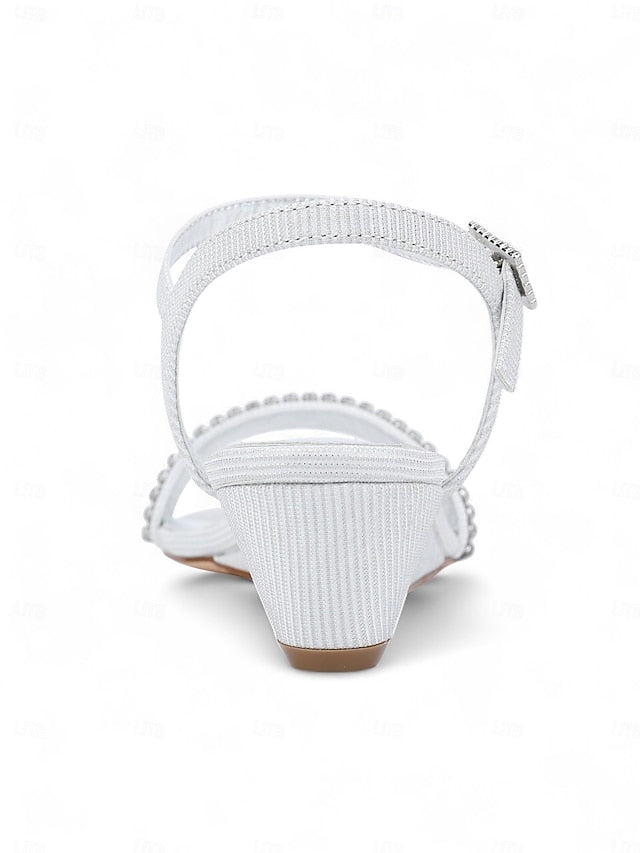 Champagne Wedge Women's Sandals Open Rhinestone - Toe