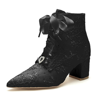 Booties – Embroidered Floral Women's White Lace-Up Bridal