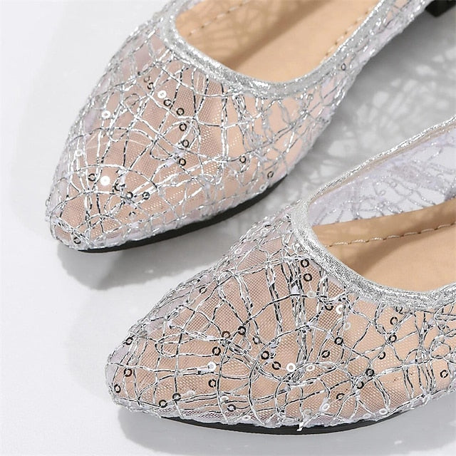 Flats Sequin Silver Ballet – Elegant Mesh Women's