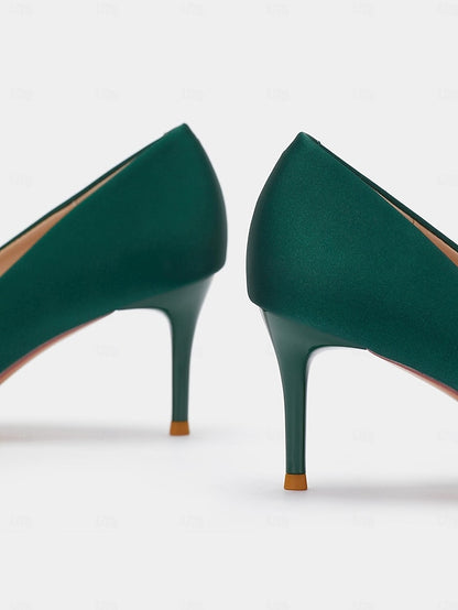 Pumps with Elegant Green Satin Rhinestone for Women: Buckle