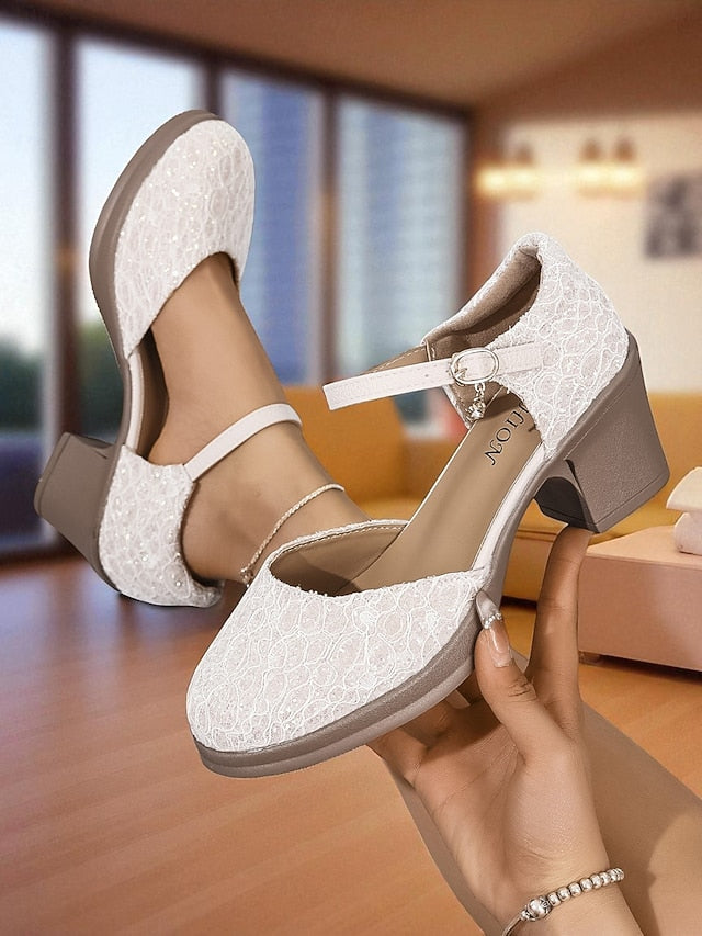 Comfortable Low Lace Jane Chunky Women's Heel - Shoes Mary