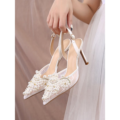 Slingback Pointed-Toe Heel White Kitten with Pearl-Embellished
