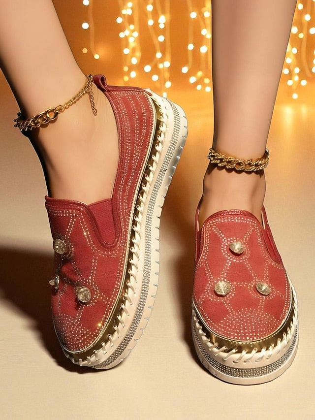 Rhinestone Studs Sneakers Women's Platform Slip-On Red with