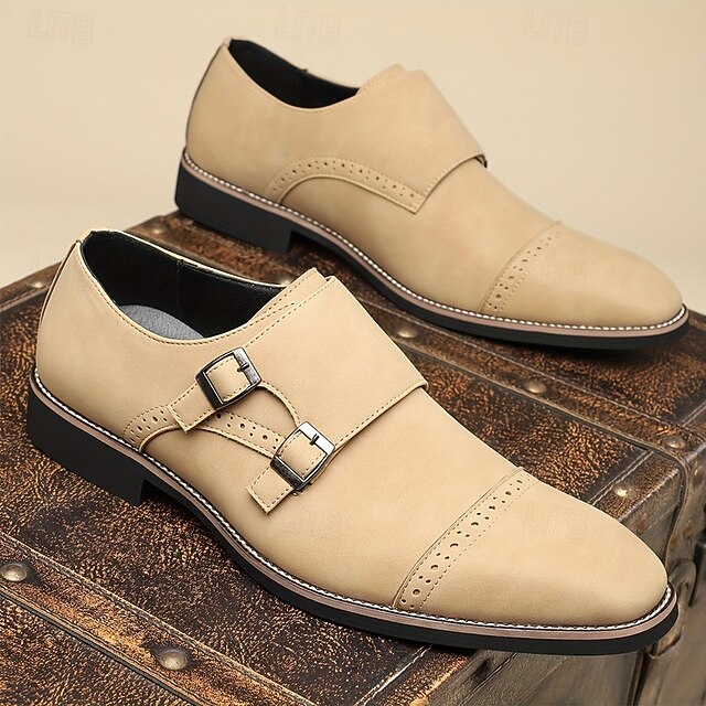 Double Beige Men's Leather Faux Monk with Strap Shoes