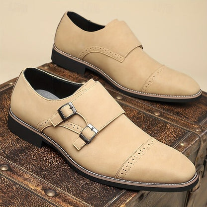 Double Beige Men's Leather Faux Monk with Strap Shoes