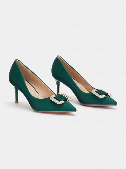 Pumps with Elegant Green Satin Rhinestone for Women: Buckle