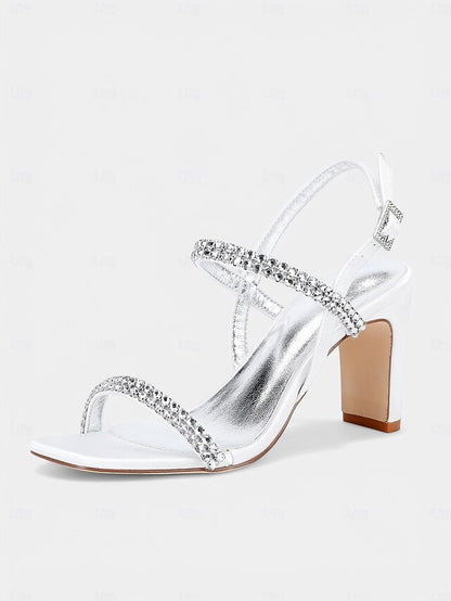 Bridal White Heel – Rhinestone Prom Block Sandals Women's