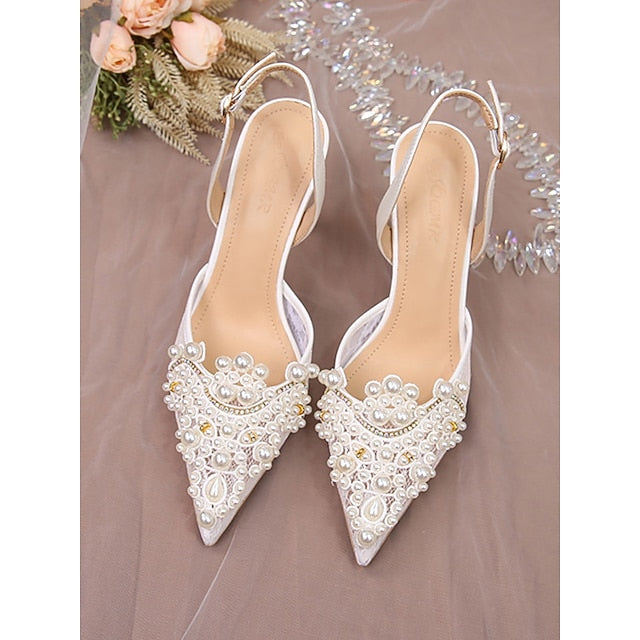 Kitten with White Pearl-Embellished Pointed-Toe Slingback Heel