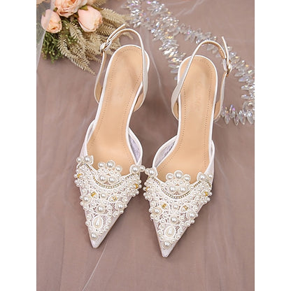 Kitten with White Pearl-Embellished Pointed-Toe Slingback Heel