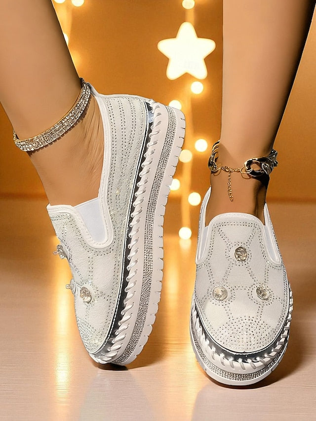 Rhinestone Studs Sneakers Women's Platform Slip-On Red with