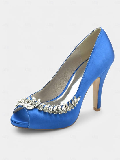 Satin Crystal Blue Heels Luxury – Peep-Toe Embellishment with