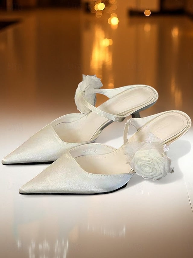 Floral Satin with Green Ankle Pointed Heels Toe Women's