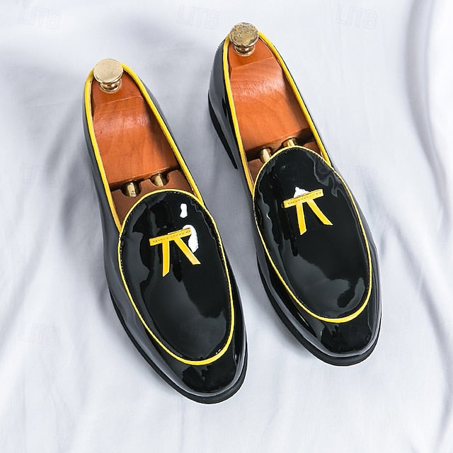 Men's Trim Yellow Faux Black Loafers Patent with Leather