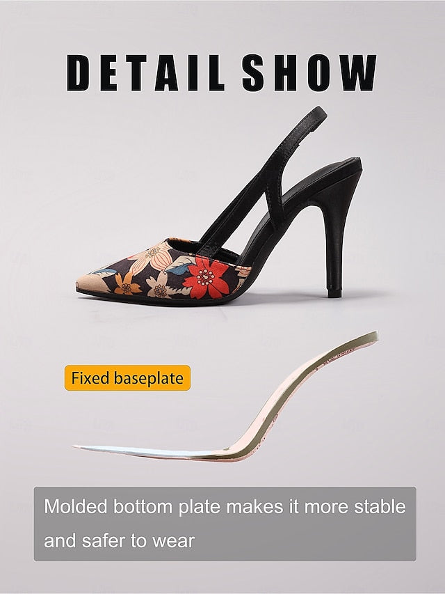– Floral Pointed Heels Toe Slingback Women's High Elegant