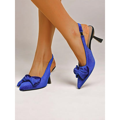 with Toe Blue Women's Velvet Heels Pointed Slingback Bow