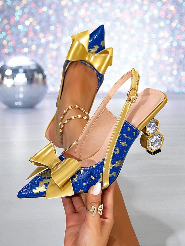 Slingback High Pumps - Heel Gold Women's and Blue Bow