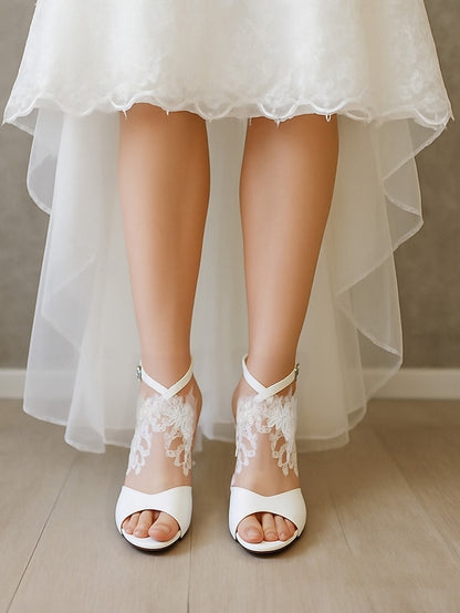 Women's Ankle - Block Lace Strap Heel with White Sandals