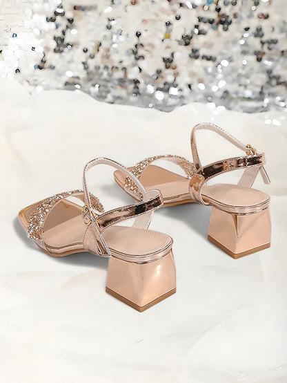 – for Gold Wedding Women Rhinestone Elegant Heel Block Sandals