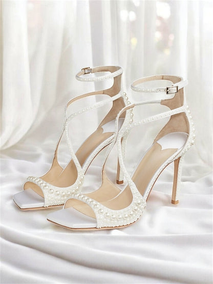 White Open-Toe Sandals Stiletto Pearl-Embellished with Ankle