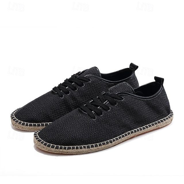 Men's Beige Canvas Lace-Up Espadrille Shoes with Jute Rope
