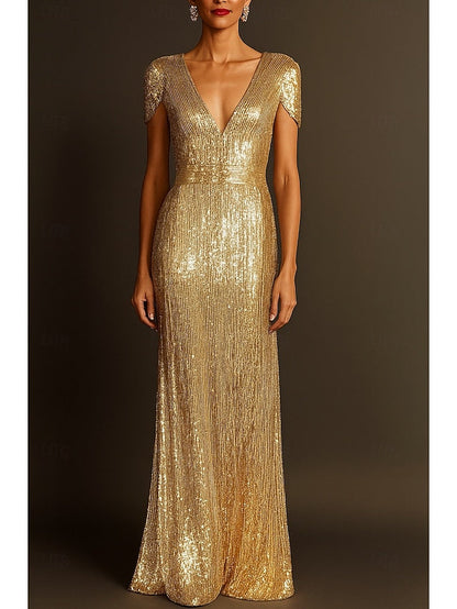 Black Wedding Formal Dress Gold Evening Gown Elegant Column