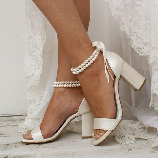 with Anklet and Heels Block Pearl Sandals - Wedding Satin White