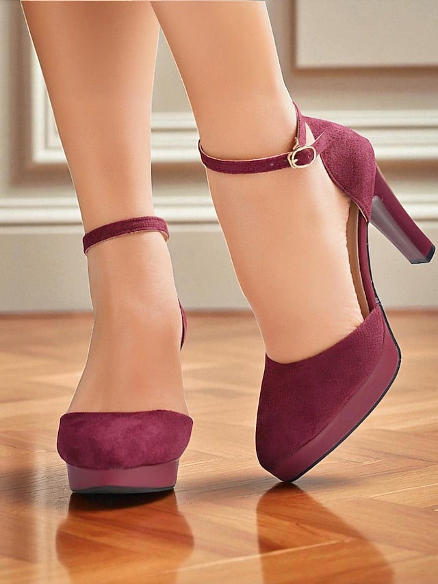 Heel Suede Women's Strap Ankle High Platform Burgundy 1950s