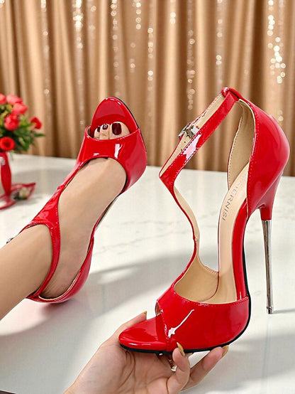 Open - Patent Red Strappy Leather Heels Women's Stiletto