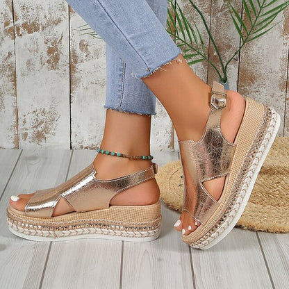 Faux Platform Leather Gold Metallic Espadrille Women's