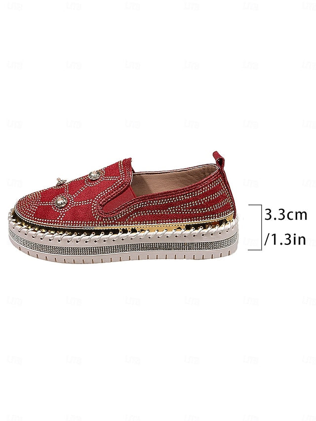 Rhinestone Studs Sneakers Women's Platform Slip-On Red with