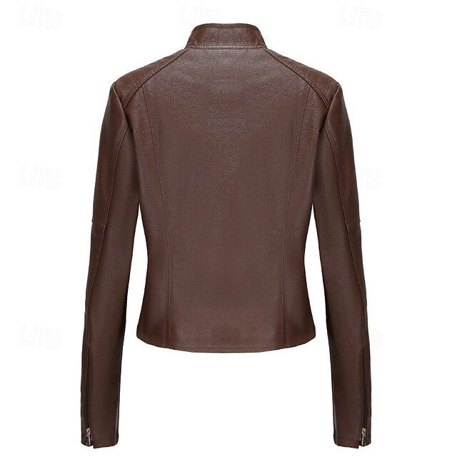 Zipper Jacket Pocket Faux Leather Women's Comfortable