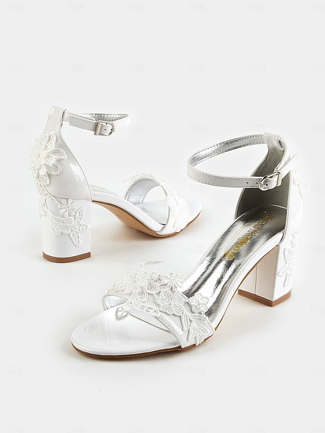 Women Heels Ankle for Open-Toe Strap with - Lace White Bridal