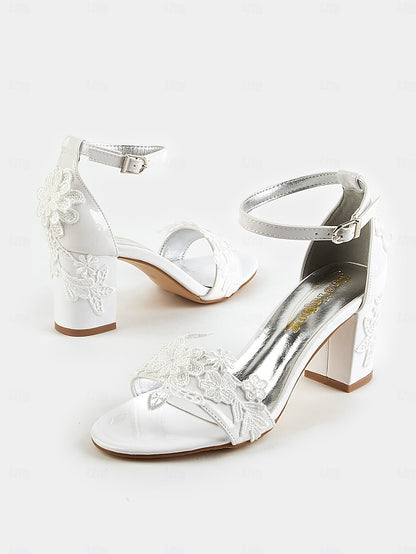 Women Heels Ankle for Open-Toe Strap with - Lace White Bridal