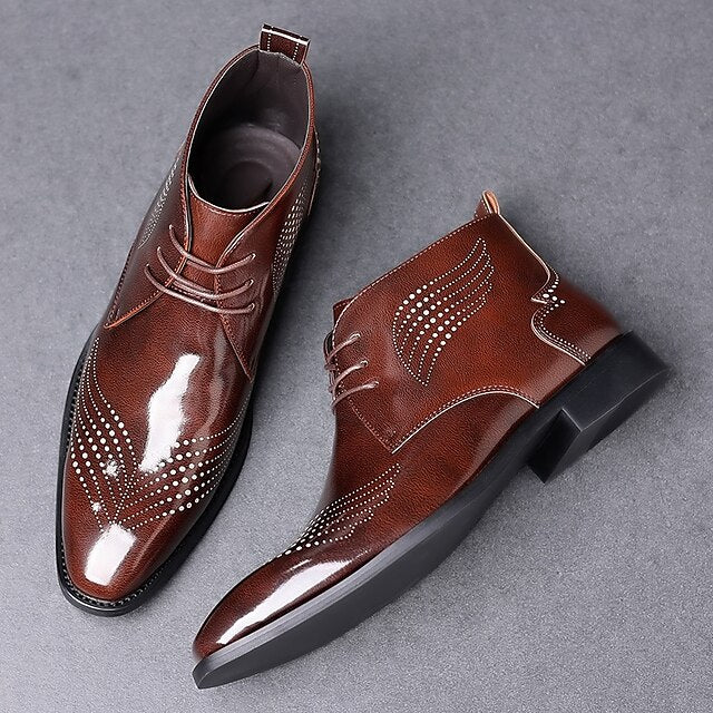 Ankle Leather Men's Brogue Glossy Wingtip Burgundy Faux