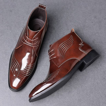 Ankle Leather Men's Brogue Glossy Wingtip Burgundy Faux