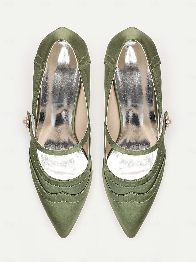 Green Button Satin Jane - with Heels Pearl Elegant Mary