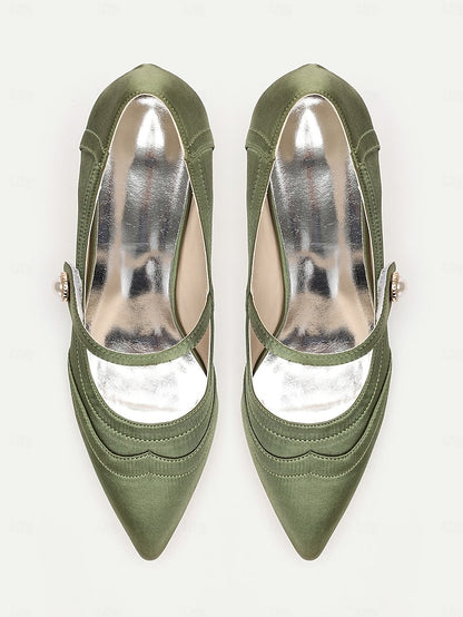 Green Button Satin Jane - with Heels Pearl Elegant Mary